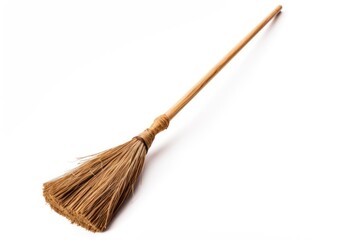 traditional broom on a white background Showing a long stem thick sweeping brush and a convenient handle