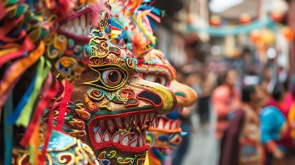Fototapeta premium A close-up of a colorful dragon mask, adorned with intricate details and vibrant hues, stands out against a blurred background of a bustling crowd.