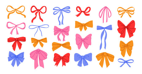 Decorative bows and ribbons. Gift wrapping elements, color bow knots, girl hair accessories, holiday decor, present embellishments for party for wrapping. Vector collection