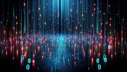 A background depicting cascading binary code in neon colors, falling like rain on a dark surface, creating a digital ambiance.