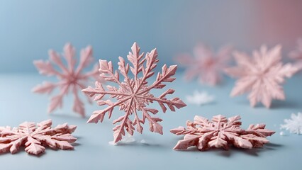 Fototapeta premium Beautifully Crafted Snowflakes in Soft Pastel Colors Resting on a Light Blue Surface During Winter