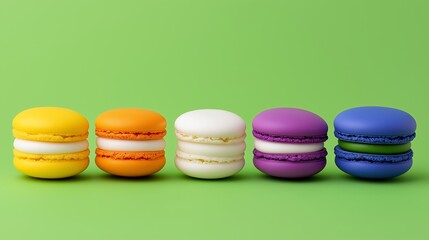Row of pastries with different colors. The pastries are yellow, white, purple, and blue. colorful french macaroons on green background