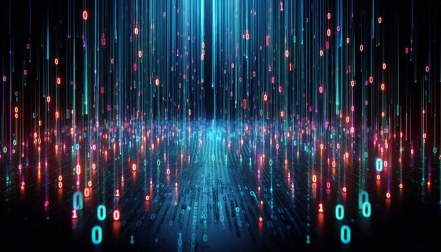A background depicting cascading binary code in neon colors, falling like rain on a dark surface, creating a digital ambiance.