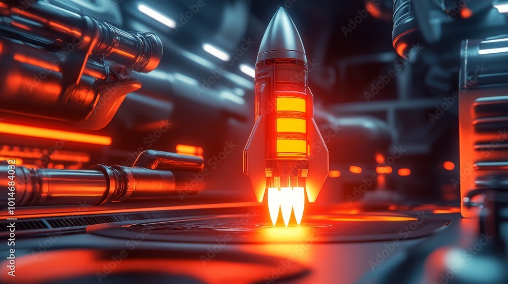 Poster a sleek rocket prepares for launch within a cutting-edge space facility, illuminated by glowing red 