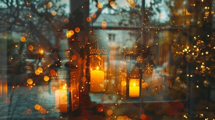 Obraz premium A window with a view of a Christmas tree and candles. The candles are lit and the scene is warm and cozy