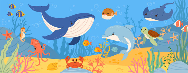 Underwater sea life. Ocean wild marine animals and fish. Cartoon natural undersea world with cute exotic fish, aquatic coral, ocean plant and color algae. Vector scene