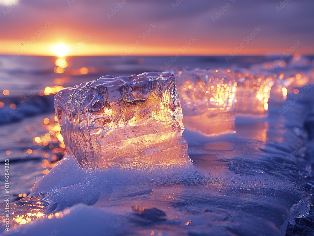 Canvas Prints Frozen Lake Sunset: Crystal Clear Ice Reflecting Golden Light