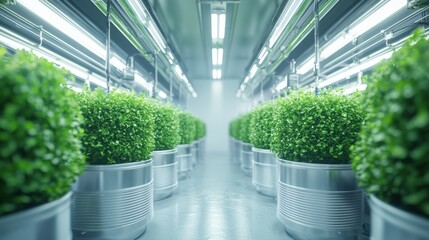 Indoor plants arranged in modern pots under bright lighting in a greenhouse.