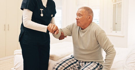 Obraz premium Assisted living, help and old man with nurse in bedroom of retirement home for morning wake up. Healthcare, medical or support with caregiver and senior patient on bed in apartment for wellness