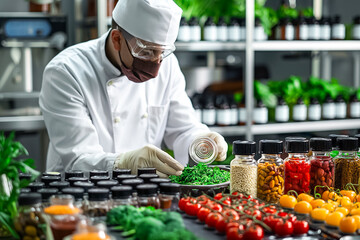 A chef expertly garnishes a plate with fresh herbs while surrounded by jars of spices, dried fruits, and vibrant vegetables in a professional kitchen setting