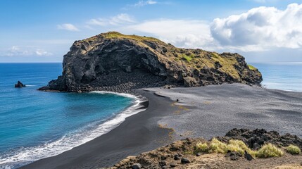 Obraz premium Small, uninhabited island forming from volcanic deposits, with black sand beaches and sparse vegetation
