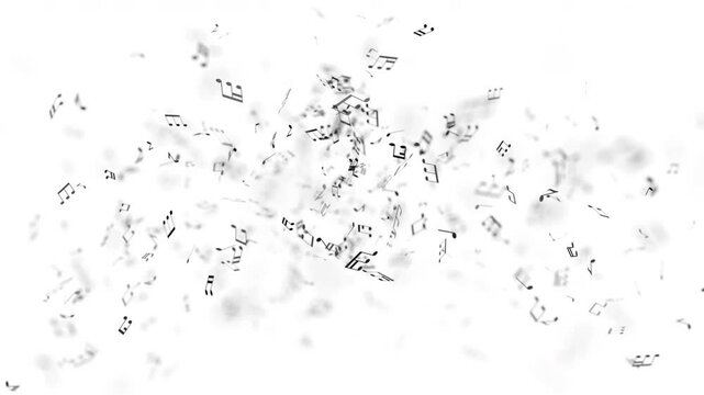 Explosion of black musical notes on white background.