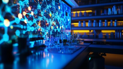 A laboratory with a large screen behind a countertop with beakers and other lab equipment. The screen displays a bright blue network of connected dots.