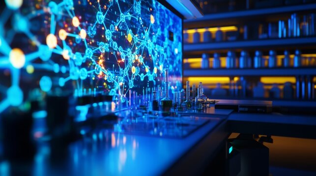 A laboratory with a large screen behind a countertop with beakers and other lab equipment. The screen displays a bright blue network of connected dots.