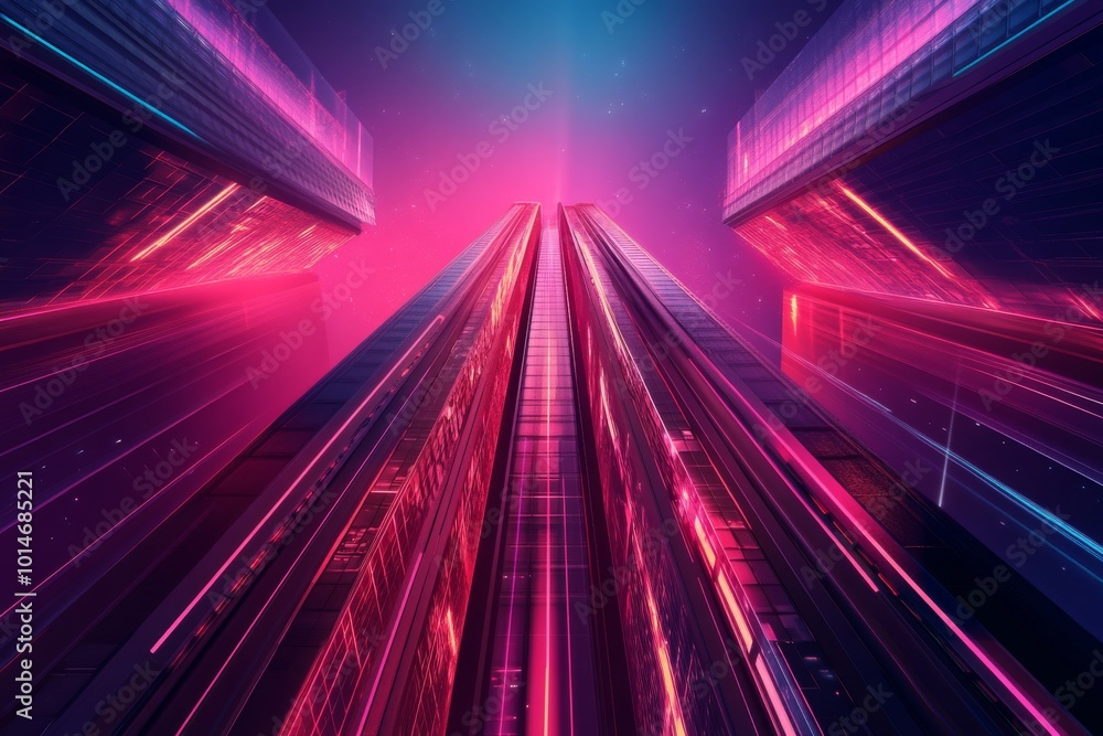 Poster dynamic abstract background with a futuristic skyscraper, highlighted by neon lights and geometric s