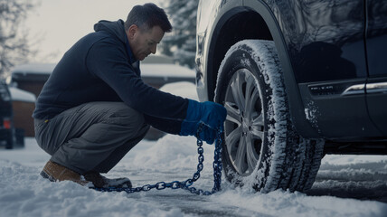 Fototapeta premium A man is putting snow chains on the wheels of his car, which are covered in white powder from the heavy snowfall.