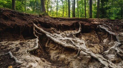 Obraz premium Soil erosion in a forest, with roots exposed and the ground eroded by water and wind