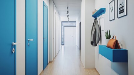 A spacious hallway features vibrant blue doors and minimalist decor, showcasing a stylish coat rack and potted plant. This contemporary space combines functionality with aesthetic appeal.