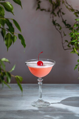 Pink cocktail standing on table with greenery in background