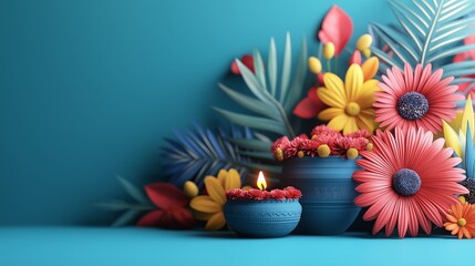 Colorful flower arrangement with oil lamps on a bright blue background