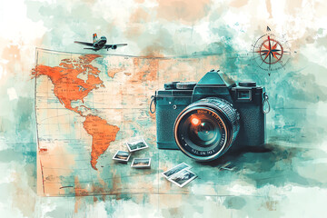 Incorporate a vintage camera with a partially unfurled map in soft blues