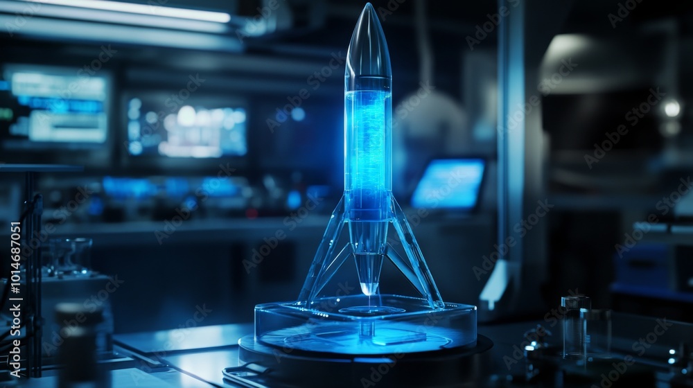 Poster a detailed model of a sleek rocket constructed from transparent materials glows blue while showcased