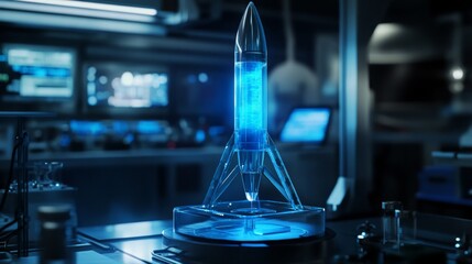 A detailed model of a sleek rocket constructed from transparent materials glows blue while showcased on a circular platform