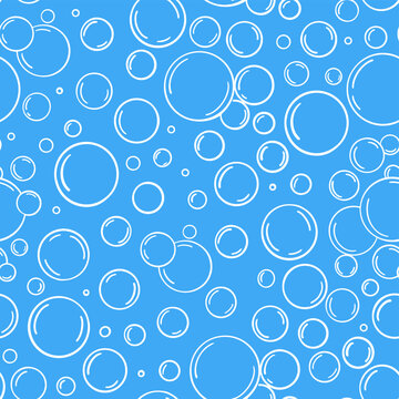 Soap bubble. Seamless pattern blue water line bubbles. Doodle foam soap. Hand drawn rounded soda drink, fizzy texture. Cleaning bathroom shower drop. Sketch aqua vector background