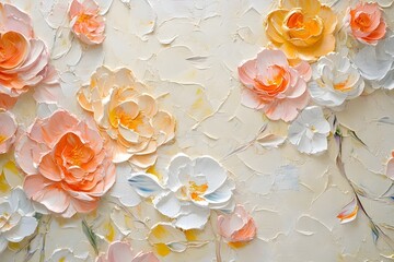 Close-up of a painting depicting delicate peach, white, and yellow flowers.