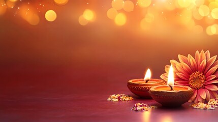 Warm and inviting festive background featuring lit oil lamps and flower decorations, perfect for celebrations and festivals.