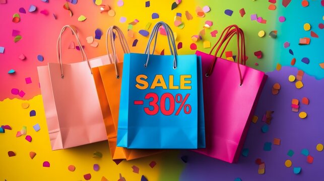 Four shopping bags of different colors are arranged on a multi-colored background. The bag in the center is blue and says Sale 30 percent in yellow and red letters
