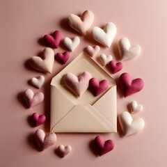 Fototapeta premium Romantic flat lay composition with handcrafted paper hearts and vintage love letter envelope soft pink background perfect for valentines or anniversary theme, Romantic Valentines Day Decorations 