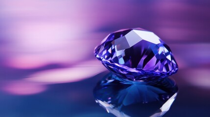 Tanzanite gemstone with deep blue and violet tones, resting on a reflective surface