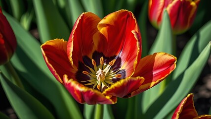 Fototapeta premium A close-up of a live tulip in full bloom, the tulip is the central subject, displaying striking red petals with pale yellow edges and a deep black center.