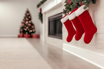 Cozy Christmas fireplace setting with red stockings and a beautifully decorated tree