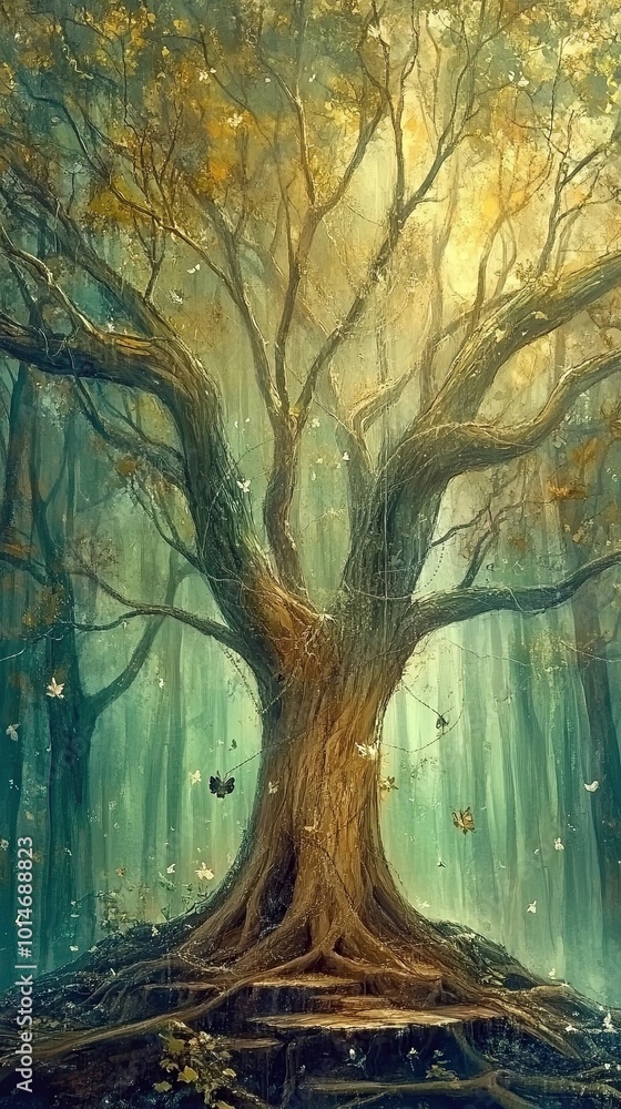 Aufkleber a majestic tree standing tall in a serene forest, illuminated by soft sunlight