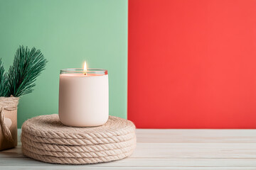 A cozy candle and decorative plant on a wooden surface with vibrant green and red backgrounds