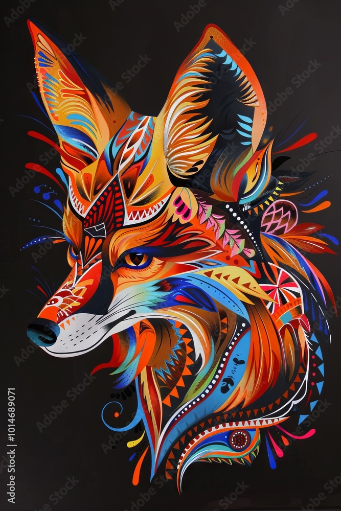 Wall mural Fox head with vibrant tribal designs.