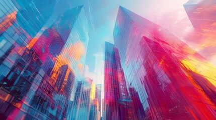 Futuristic skyscraper depicted in a double exposure style, showcasing vibrant colors and dynamic urban designs.