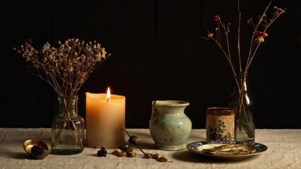 A serene still life featuring candles, dried flowers, and decorative pottery.