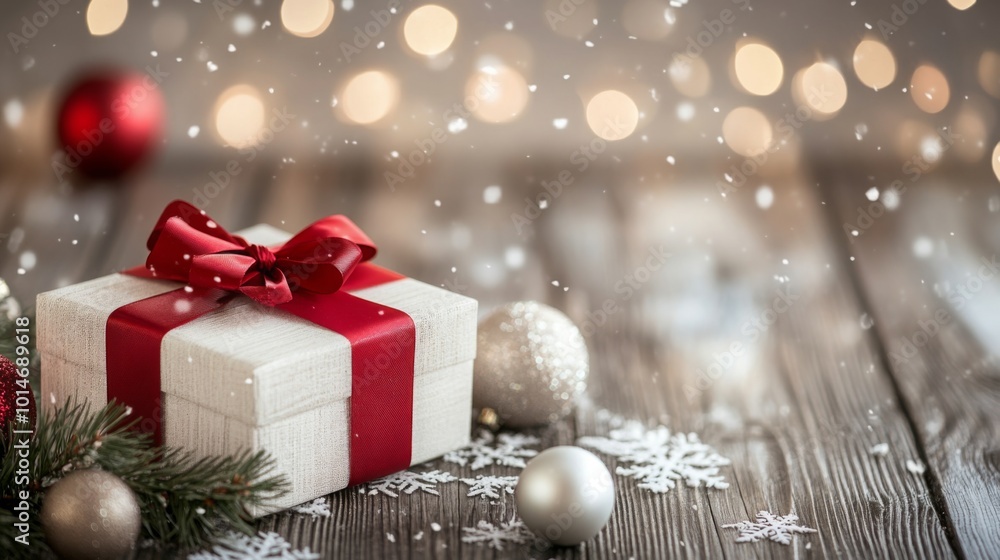 Poster a beautifully wrapped gift adorned with a red ribbon sits on a rustic wooden table. surrounding it a