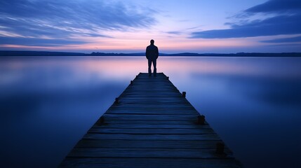 A man stands at the end of an endless pier above calm waters, gazing at the horizon where day meets night