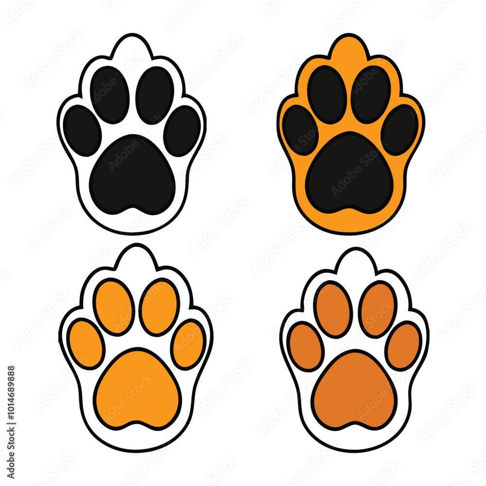 Poster set of cartoon cat paw vector illustrations with unique color patterns, bold outlines, and playful s