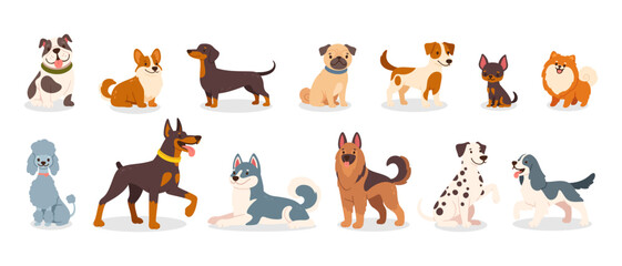 Cute dog breeds. Cartoon puppies and doggy pet. Funny friendly animals characters. Happy corgi, doberman, dalmatian, pug, dachshund. Flat puppy vector set