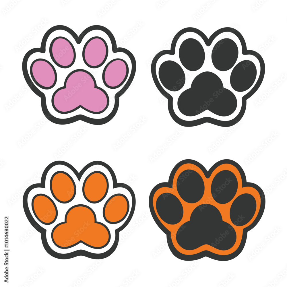 Poster set of cartoon cat paw vector illustrations with unique color patterns, bold outlines, and playful s