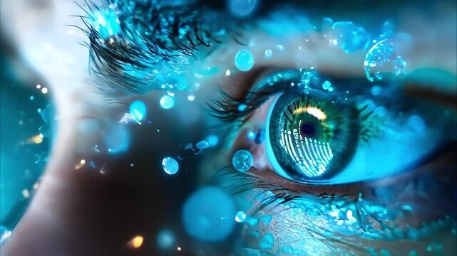 A close-up of an eye with a futuristic, digital effect, featuring blue tones and abstract patterns surrounding it.