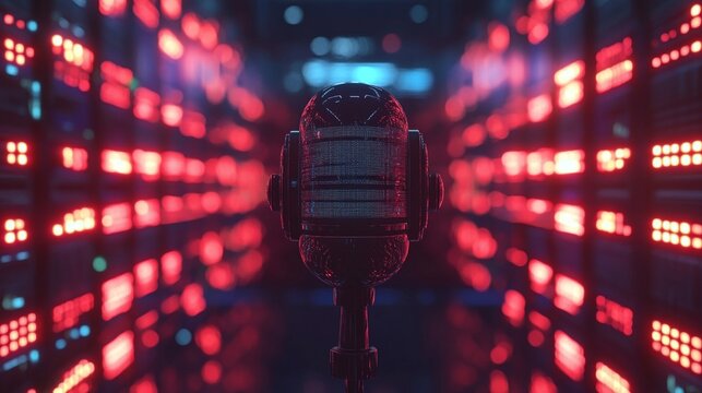 A glowing microphone surrounded by red-lit server racks in a dark tech environment
