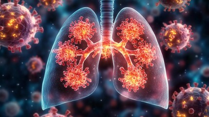 Illustration of lungs impacted by viruses, highlighting respiratory health in a pandemic