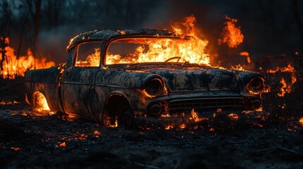 An abandoned vehicle caught in a massive fire, with glowing embers and bright flames