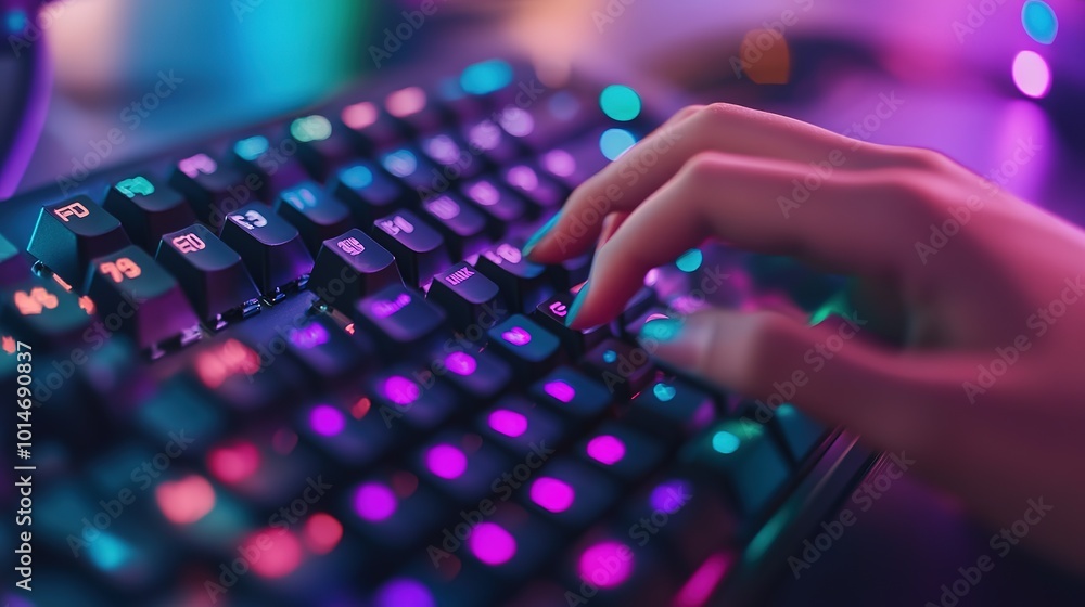 Poster a close-up of a hand typing on a colorful mechanical keyboard in a dimly lit gaming setup at night